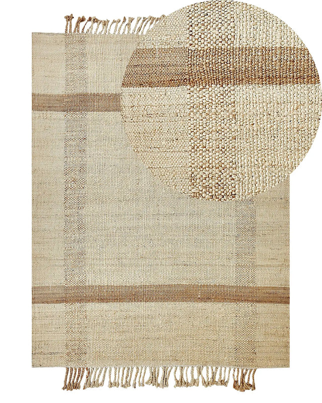 Area Rug Beige Jute 140 x 200 cm Rectangular with Tassels Geometric Pattern Handwoven Boho Style Bedroom Living Room Beliani