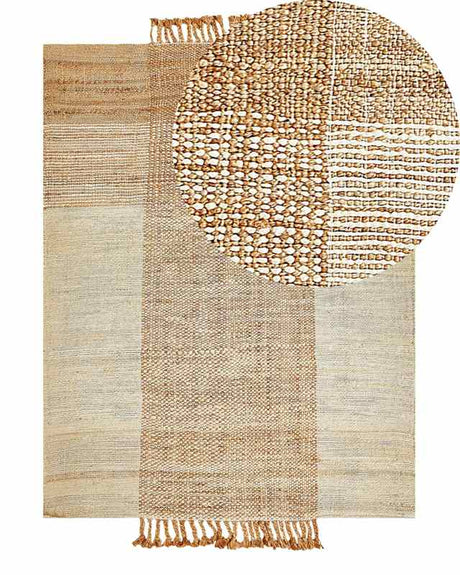 Area Rug Beige Jute 140 x 200 cm Rectangular with Tassels Geometric Pattern Handwoven Boho Style Bedroom Living Room Beliani