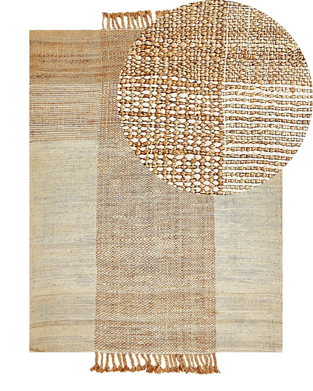 Area Rug Beige Jute 140 x 200 cm Rectangular with Tassels Geometric Pattern Handwoven Boho Style Bedroom Living Room Beliani