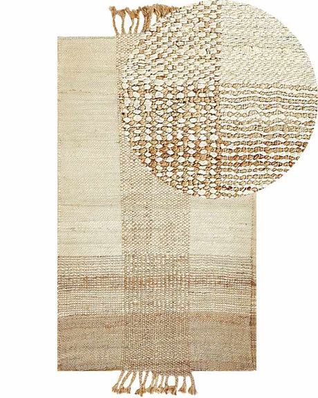 Area Rug Beige Jute 80 x 150 cm Rectangular with Tassels Geometric Pattern Handwoven Boho Style Bedroom Living Room Beliani