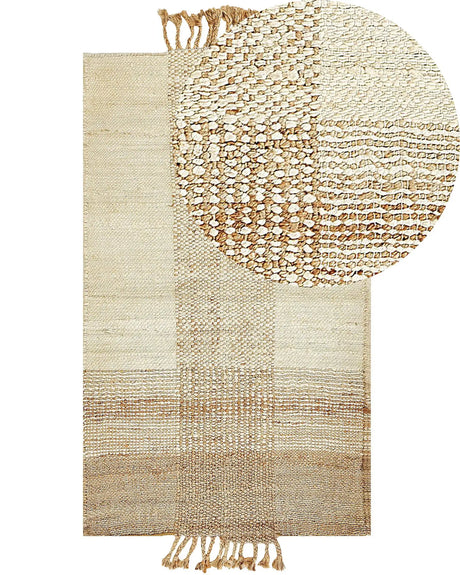 Area Rug Beige Jute 80 x 150 cm Rectangular with Tassels Geometric Pattern Handwoven Boho Style Bedroom Living Room Beliani