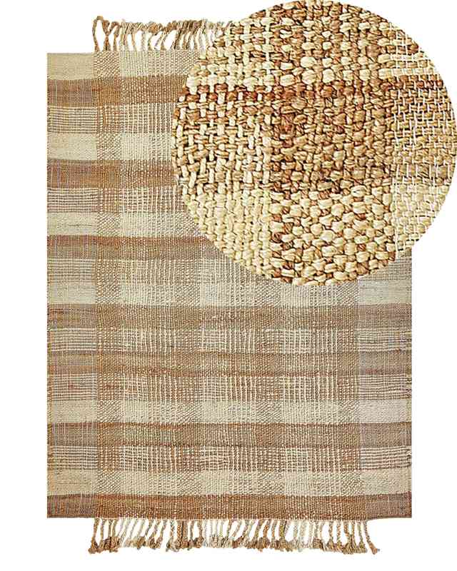 Area Rug Beige Jute 140 x 200 cm Rectangular with Tassels Geometric Pattern Handwoven Boho Style Bedroom Living Room Beliani