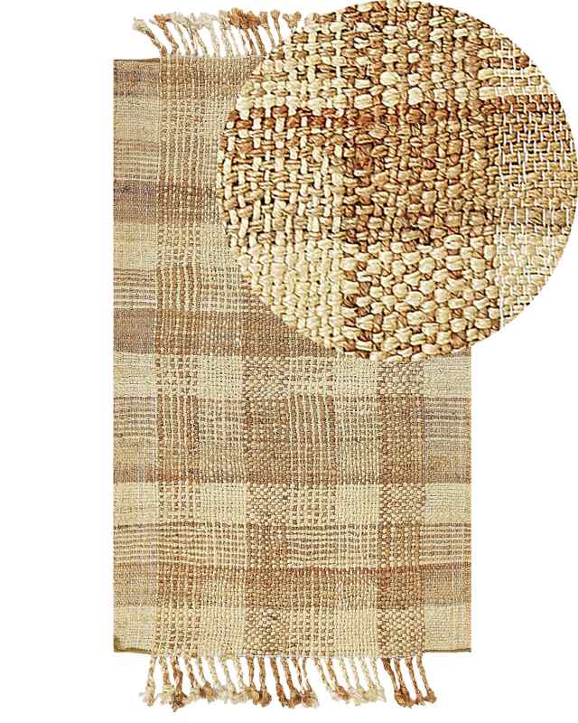 Area Rug Beige Jute 80 x 150 cm Rectangular with Tassels Geometric Pattern Handwoven Boho Style Bedroom Living Room Beliani