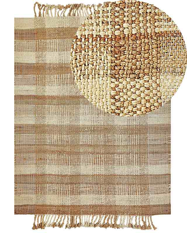 Area Rug Beige Jute 160 x 230 cm Rectangular with Tassels Geometric Pattern Handwoven Boho Style Bedroom Living Room Beliani