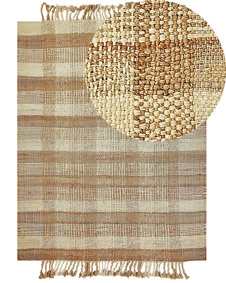 Area Rug Beige Jute 160 x 230 cm Rectangular with Tassels Geometric Pattern Handwoven Boho Style Bedroom Living Room Beliani