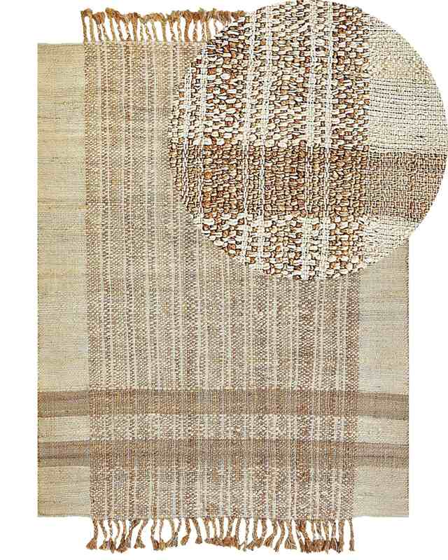 Area Rug Beige Jute 160 x 230 cm Rectangular with Tassels Geometric Pattern Handwoven Boho Style Bedroom Living Room Beliani