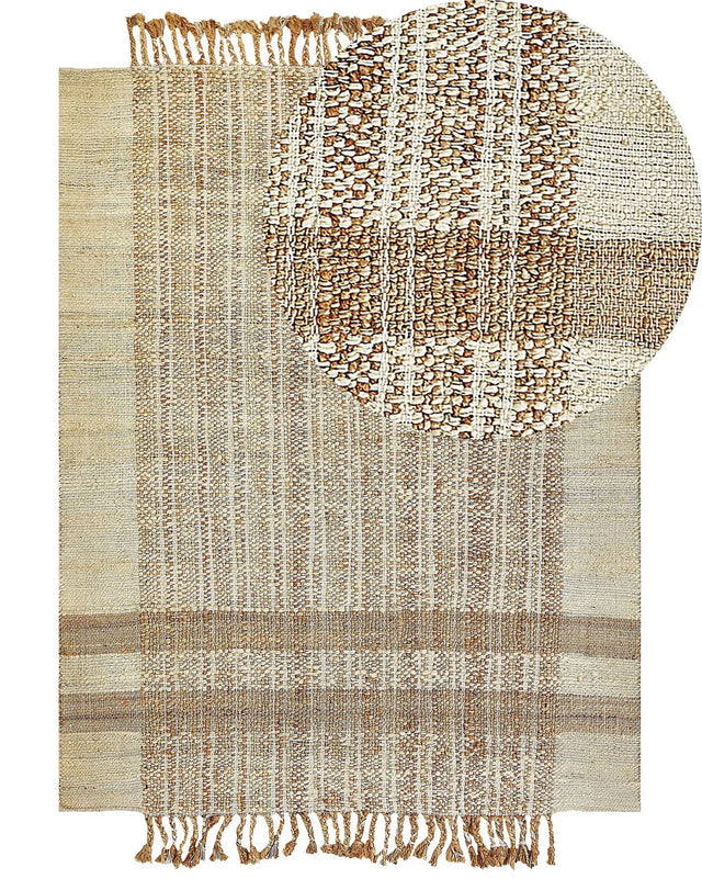 Area Rug Beige Jute 160 x 230 cm Rectangular with Tassels Geometric Pattern Handwoven Boho Style Bedroom Living Room Beliani
