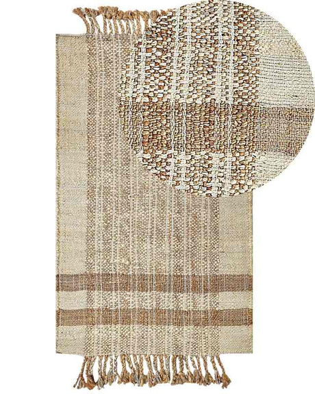 Area Rug Beige Jute 80 x 150 cm Rectangular with Tassels Geometric Pattern Handwoven Boho Style Bedroom Living Room Beliani