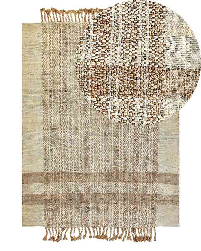 Area Rug Beige Jute 140 x 200 cm Rectangular with Tassels Geometric Pattern Handwoven Boho Style Bedroom Living Room Beliani