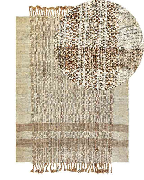 Area Rug Beige Jute 140 x 200 cm Rectangular with Tassels Geometric Pattern Handwoven Boho Style Bedroom Living Room Beliani