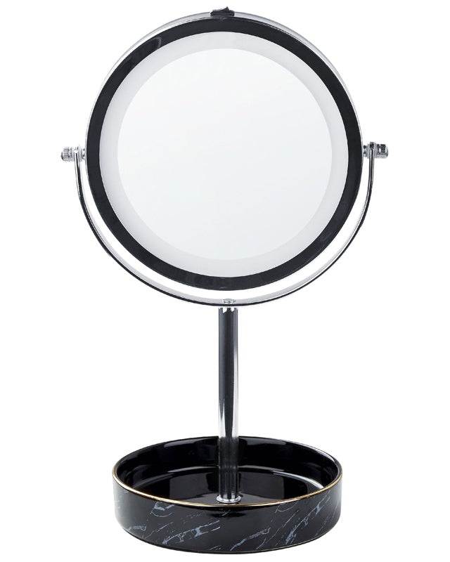 Makeup Mirror Silver and Black Iron Metal Frame Ceramic Base ø 26 cm with LED Light 1x/5x Magnification Double Sided Beliani