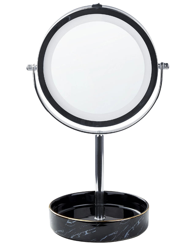 Makeup Mirror Silver and Black Iron Metal Frame Ceramic Base  20 cm with LED Light 1x/5x Magnification Double Sided Beliani