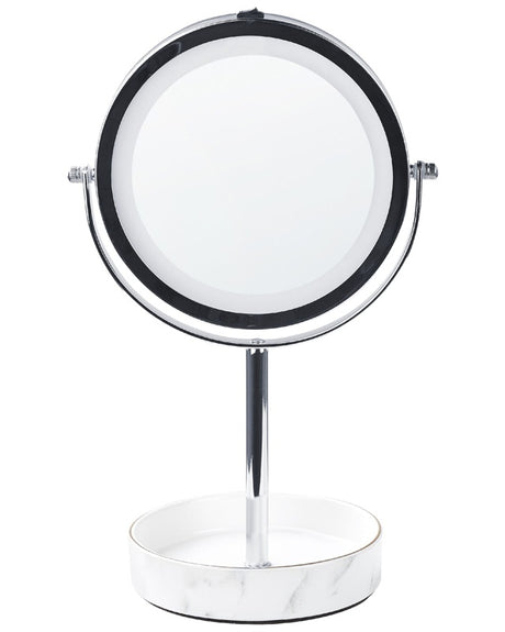 Makeup Mirror Silver and White Iron Metal Frame Ceramic Base ø 26 cm with LED Light 1x/5x Magnification Double Sided Beliani