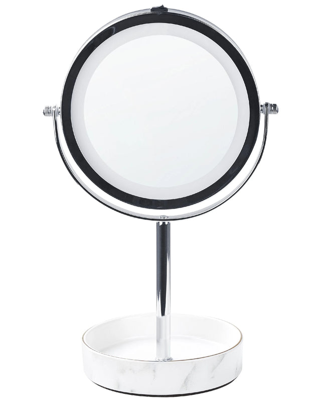 Makeup Mirror Silver and White Iron Metal Frame Ceramic Base  20 cm with LED Light 1x/5x Magnification Double Sided Beliani