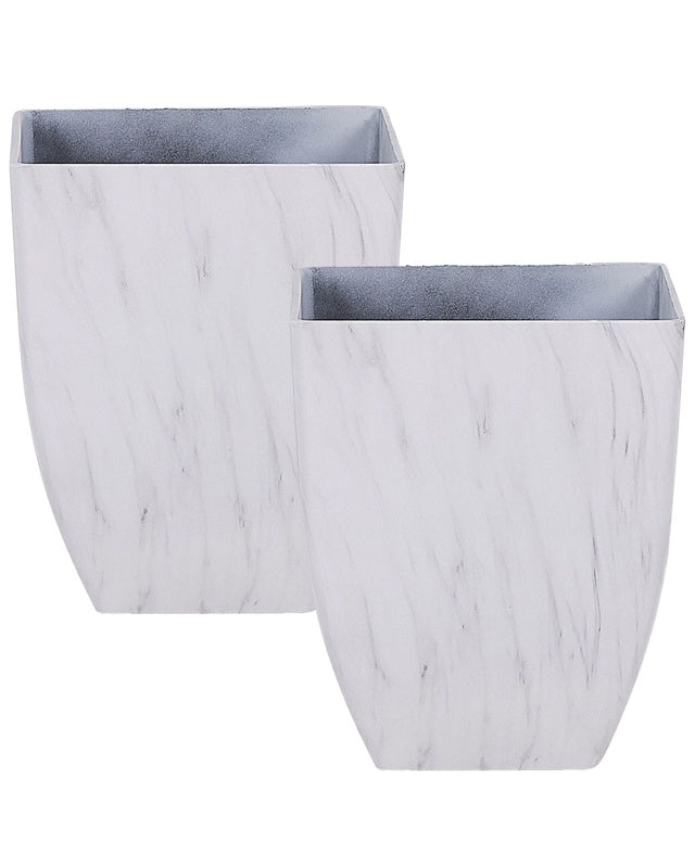 Set of 2 Outdoor Indoor Plant Pots 35x35x42.5 Marble Effect White Stone Mixture Square Modern Design Beliani