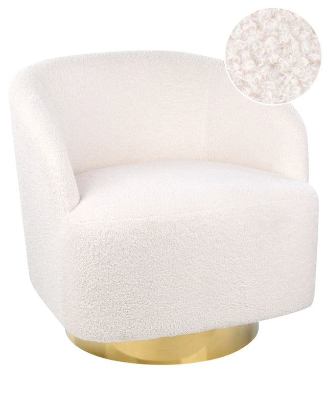 Armchair Off-White Boucle Fabric Soft Nubby Gold Base Swivel 360 Retro Glam Art Decor Style Beliani