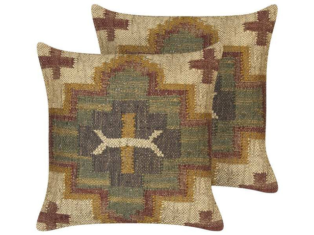 Set of 2 Scatter Cushions Multicolour Jute Cotton 45 x 45 cm Geometric Pattern Handmade Removable Cover with Filling Beliani