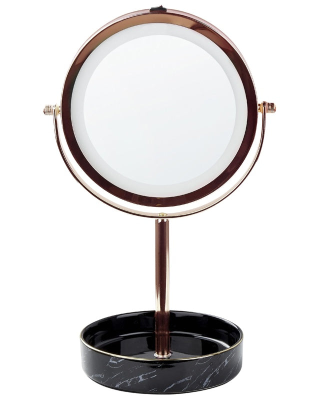 Makeup Mirror Rose Gold Iron Metal Frame Ceramic Base ø 26 cm with LED Light 1x/5x Magnification Double Sided Beliani