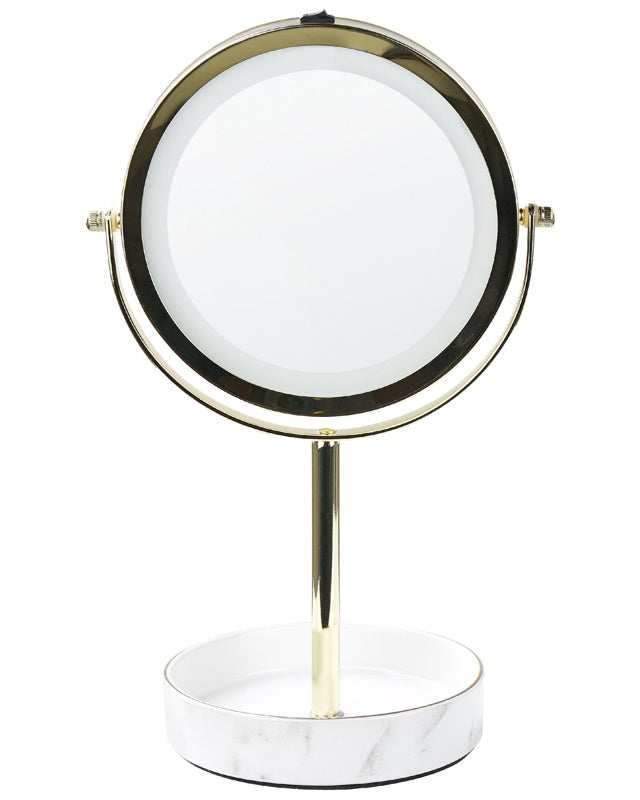 Makeup Mirror Gold and White Iron Metal Frame Ceramic Base ø 26 cm with LED Light 1x/5x Magnification Double Sided Beliani