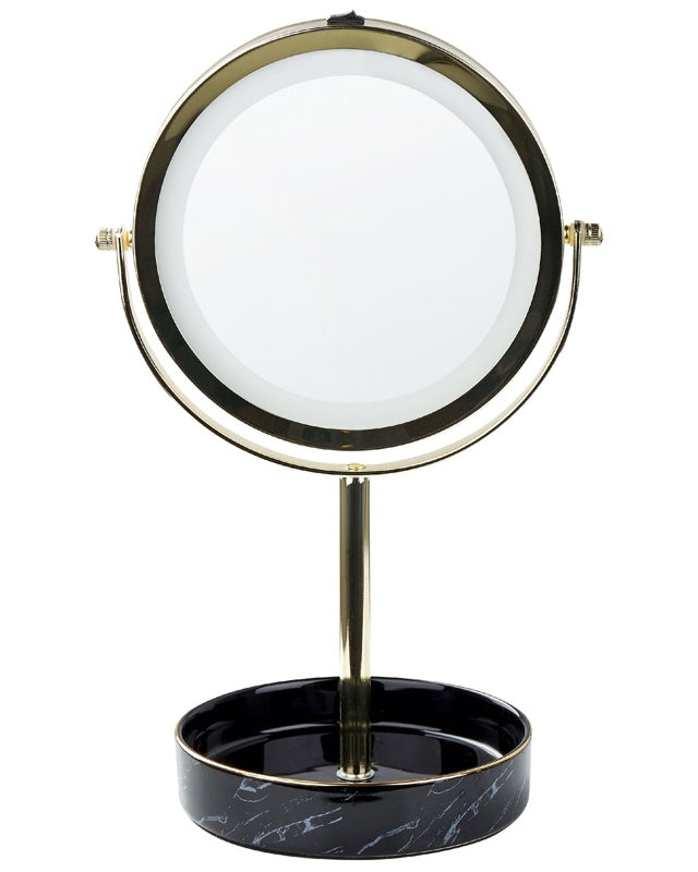 Makeup Mirror Gold and Black Iron Metal Frame Ceramic Base ø 26 cm with LED Light 1x/5x Magnification Double Sided Beliani