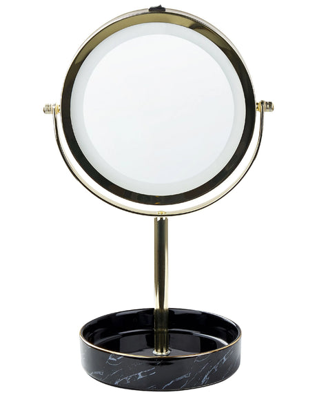 Makeup Mirror Gold and Black Iron Metal Frame Ceramic Base  20 cm with LED Light 1x/5x Magnification Double Sided Beliani