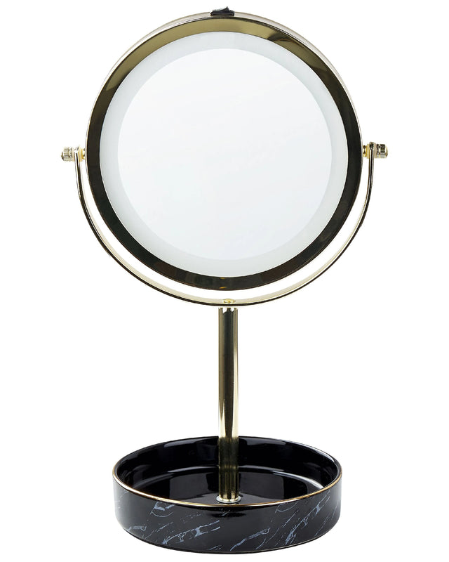 Makeup Mirror Gold and Black Iron Metal Frame Ceramic Base  20 cm with LED Light 1x/5x Magnification Double Sided Beliani