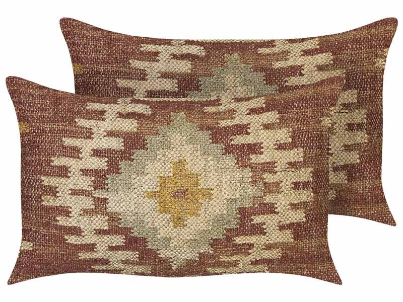 Set of 2 Scatter Cushions Multicolour Jute Cotton 30 x 50 cm Geometric Pattern Handmade Removable Cover with Filling Beliani