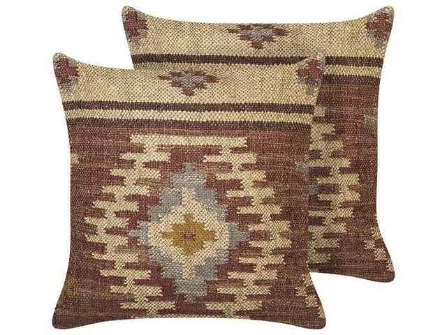 Set of 2 Scatter Cushions Multicolour Jute Cotton 45 x 45 cm Geometric Pattern Handmade Removable Cover with Filling Beliani