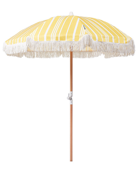 Garden Parasol Yellow and White Fabric Beech Wood Pole  150 cm Round Retro Garden Outdoor Umbrella Tilting UV Resistant Beliani