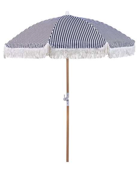 Garden Parasol Black and White Fabric Beech Wood Pole ⌀ 150 cm Round Retro Garden Outdoor Umbrella Tilting UV Resistant Beliani