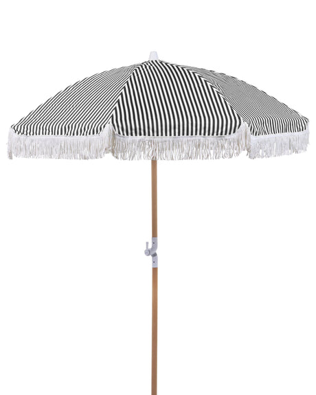 Garden Parasol Black and White Fabric Beech Wood Pole  150 cm Round Retro Garden Outdoor Umbrella Tilting UV Resistant Beliani