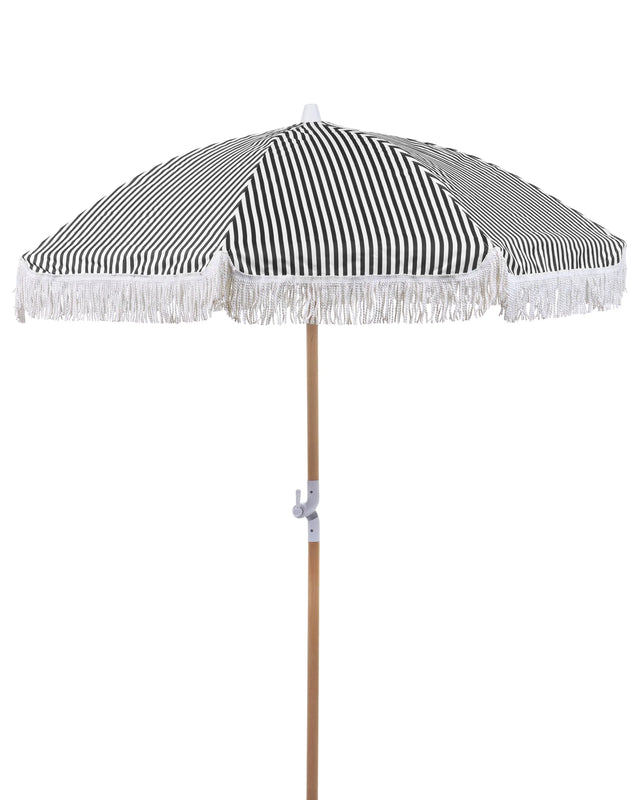 Garden Parasol Black and White Fabric Beech Wood Pole  150 cm Round Retro Garden Outdoor Umbrella Tilting UV Resistant Beliani
