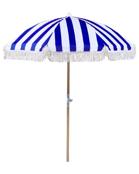 Garden Parasol Blue and White Fabric Beech Wood Pole  150 cm Round Retro Garden Outdoor Umbrella Tilting UV Resistant Beliani