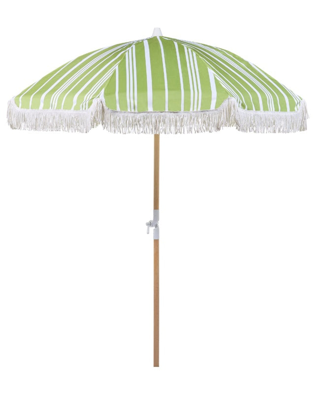 Garden Parasol Green and White Fabric Beech Wood Pole ⌀ 150 cm Round Retro Garden Outdoor Umbrella Tilting UV Resistant Beliani