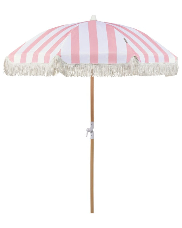 Garden Parasol Pink and White Fabric Beech Wood Pole ⌀ 150 cm Round Retro Garden Outdoor Umbrella Tilting UV Resistant Beliani