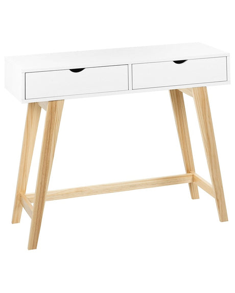 Console Table White with Light Wood MDF Wooden Legs 101 x 36 x 78 cm 2 Drawers Hallway Living Room Furniture Scandinavian Style Beliani