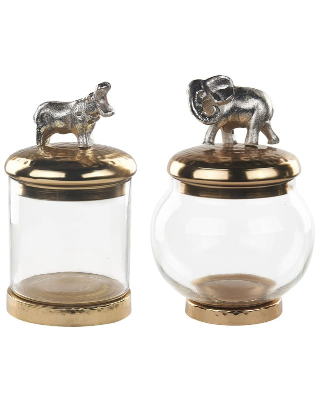 Set of 2 Decorative Containers Gold and Silver Aluminium Jars Animal Motif Lids Transparent Beliani