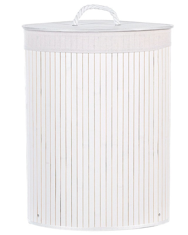 Storage Basket White Bamboo with Lid Laundry Bin Boho Practical Accessories Beliani