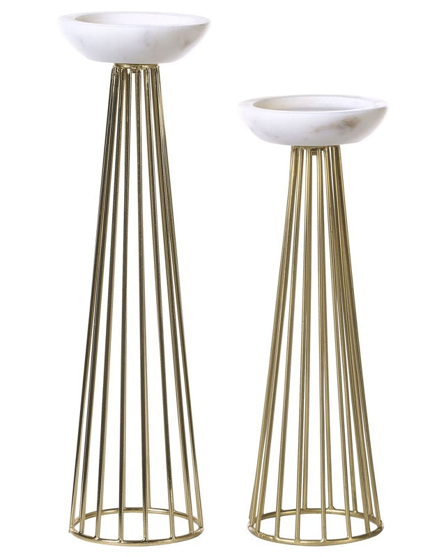 Set of 2 Candle Holders Gold with Marble Effect Metal Modern Design Style Candle Sticks Classic Beliani