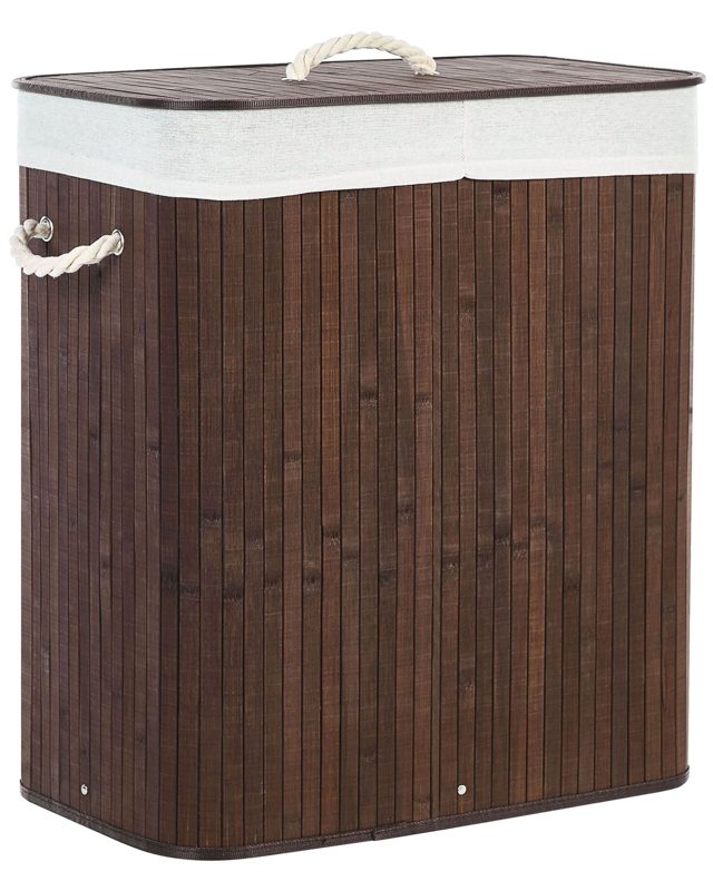 Basket with Lid Dark Wood Bamboo Laundry Hamper 2-Compartments with Rope Handles  Beliani