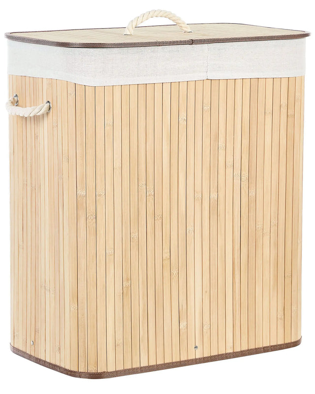Basket with Lid Light Wood Bamboo Laundry Hamper 2-Compartments with Rope Handles  Beliani