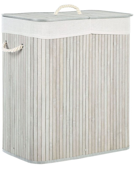 Basket with Lid Grey Bamboo Wood Laundry Hamper 2-Compartments with Rope Handles  Beliani