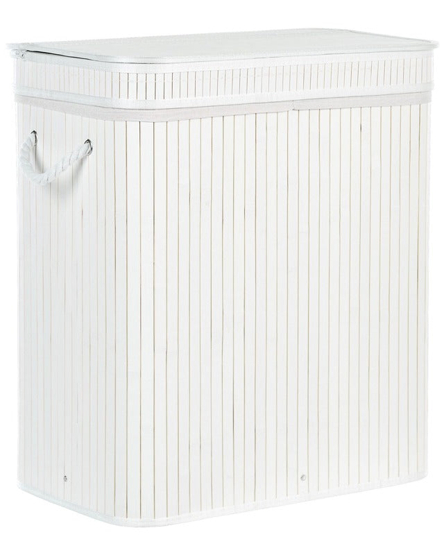 Basket with Zippered Lid Grey Bamboo Wood Laundry Hamper 2-Compartments with Rope Handles  Beliani