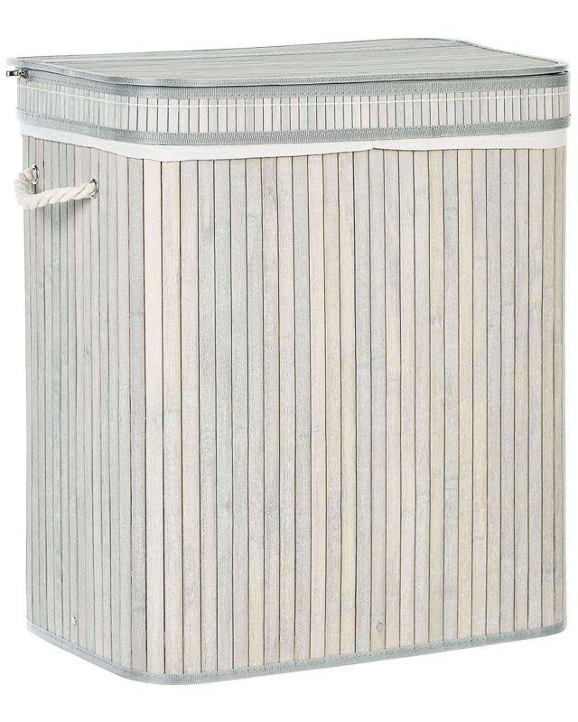 Basket with Zippered Lid Grey Bamboo Wood Laundry Hamper 2-Compartments with Rope Handles  Beliani