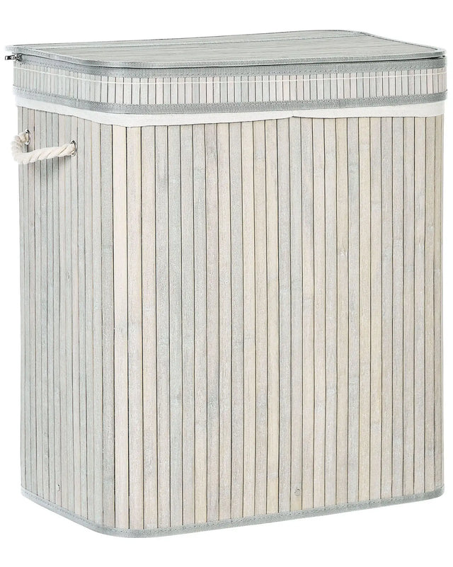 Basket with Zippered Lid Grey Bamboo Wood Laundry Hamper 2-Compartments with Rope Handles  Beliani