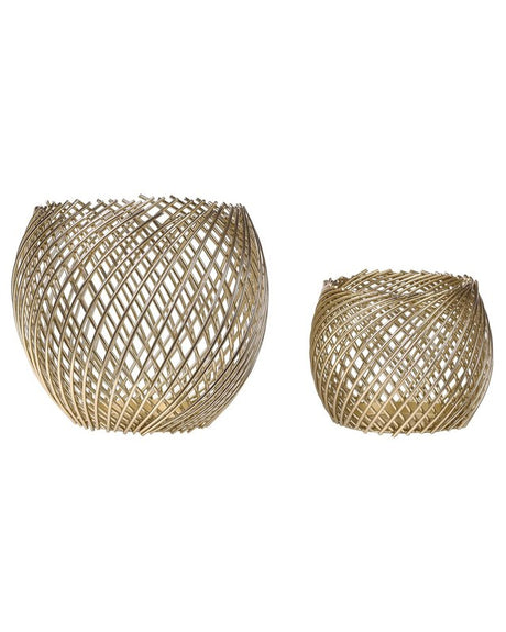 Set of 2 Candle Holders Gold Metal Glamour Elegant Basket Shape Centerpiece Decoration Beliani