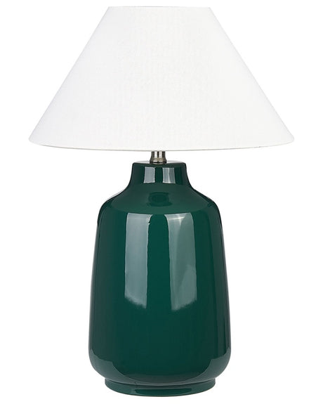 Table Lamp Dark Green Ceramic Base Fabric Shade Ambient Lighting Bedside Table Lamp Beliani