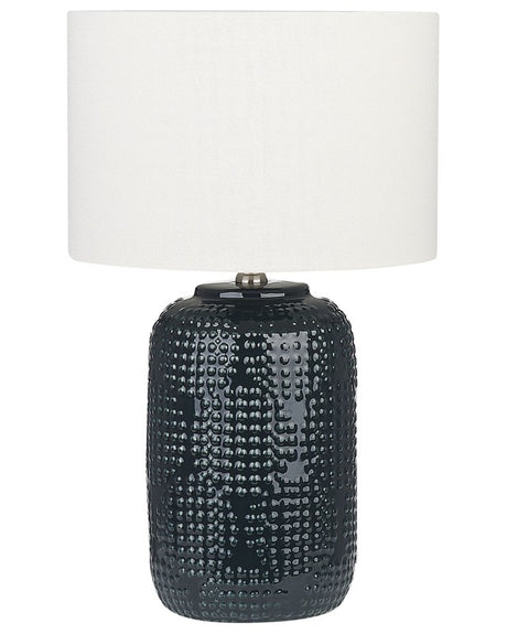 Table Lamp Dark Blue Ceramic Base Fabric Shade Ambient Lighting Bedside Table Lamp Beliani