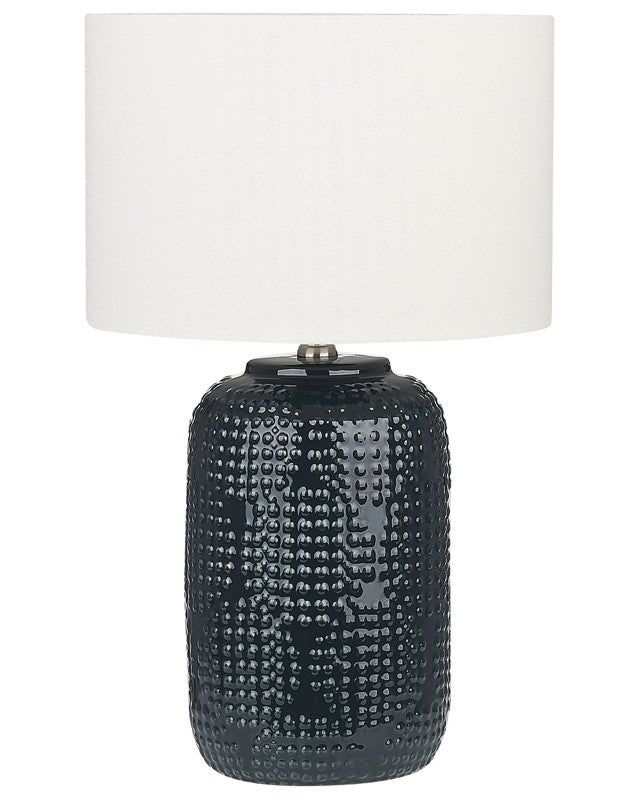 Table Lamp Dark Blue Ceramic Base Fabric Shade Ambient Lighting Bedside Table Lamp Beliani