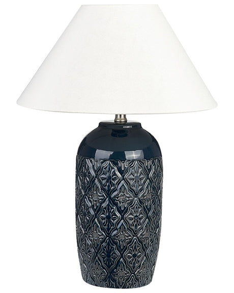 Table Lamp Dark Blue Ceramic Base Fabric Shade Ambient Lighting Bedside Table Lamp Beliani